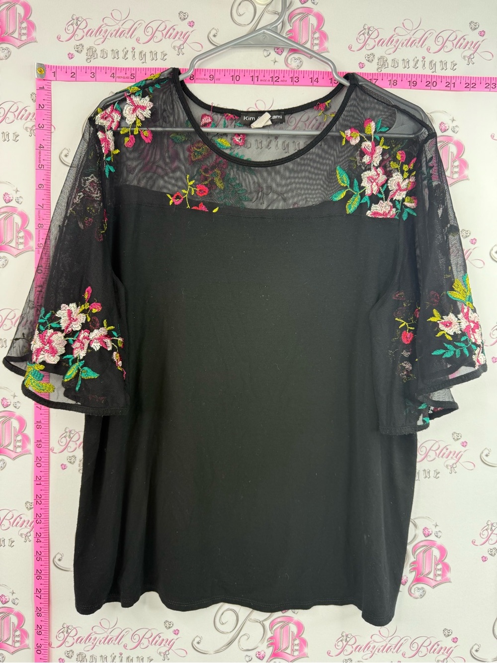 Kim & Cami tshirt flowers Black Mesh Top with Multicolor Floral Embroidery